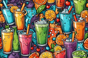 Wall Mural - A colorful drink with a straw and a cherry on top