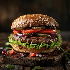 Wall Mural - gourmet delight juicy burger stacked with fresh toppings on rustic wooden board food photography