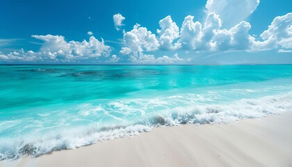 Wall Mural - idyllic maldives beach with white sand turquoise ocean waves and blue sky reflections summer landscape