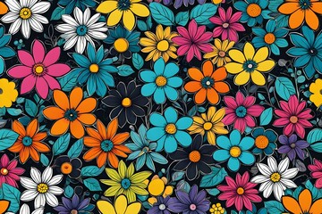 Wall Mural - A colorful floral pattern with a variety of flowers including daisies, roses