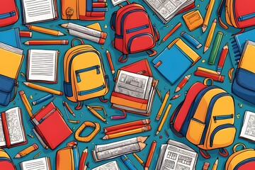 Wall Mural - A colorful drawing of school supplies including backpacks, pencils, and books