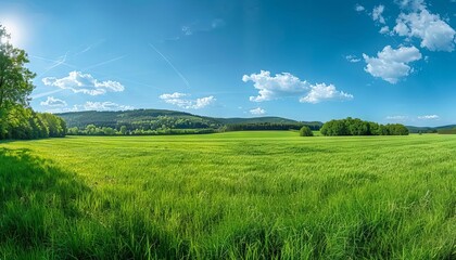 Wall Mural - tranquil green grass field with blue sky and blurry trees summer panorama