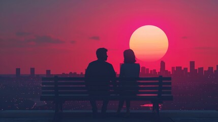 Image of a couple on a city bench watching sunset flat design top view urban romance theme 3D render Monochromatic Color Scheme