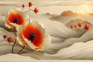 Oriental flower background modern with golden line art and leaves. Japanese or Chinese illustration