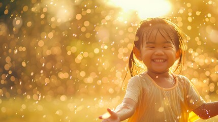 portrait of a happy little Asian girl in the rain