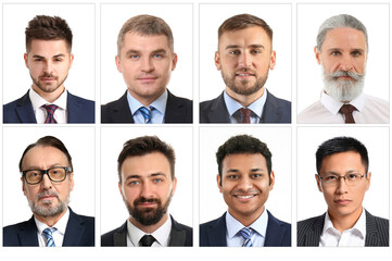 Wall Mural - Set of photos of different men for passport on white background