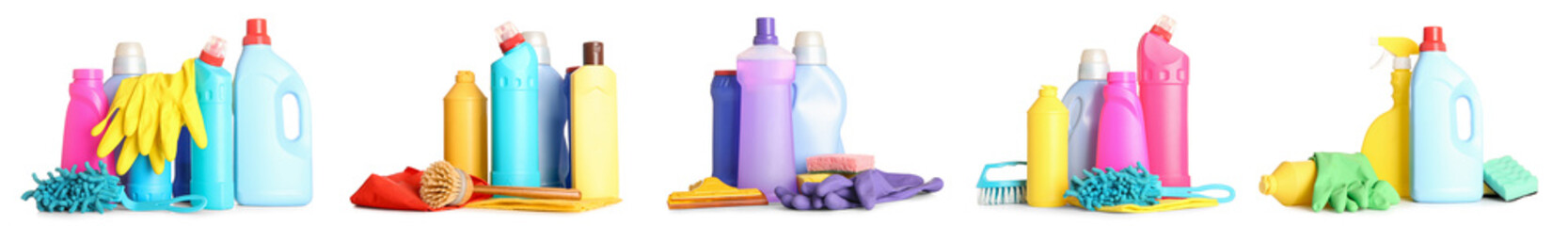 Wall Mural - Set of cleaning supplies on white background