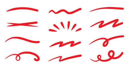 red squiggle brush scribble underline. marker pen emphasis highlight red swoosh stroke. vector swoos