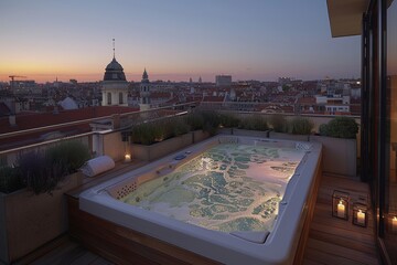 Wall Mural - Rooftop hot tub with cityscape view at dusk, cozy outdoor spa, inviting and modern design, creating a serene retreat in an urban environment