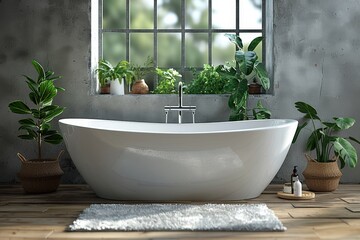 Wall Mural - Elegant modern bathroom with freestanding tub, natural light, plants, and stylish decor, creating a tranquil and inviting atmosphere