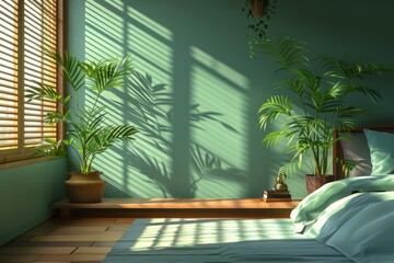 Wall Mural - Sunlit bedroom with potted plants and minimalist decor, creating a serene and refreshing atmosphere