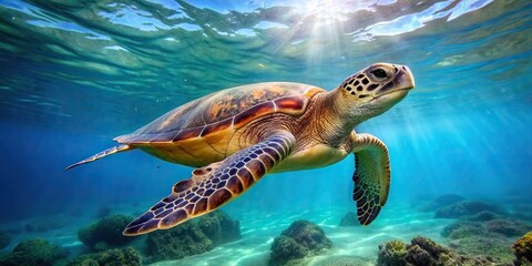 Sea turtle swimming gracefully in the ocean, isolated on a background