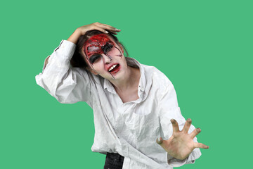 Poster - Scary zombie woman on green background