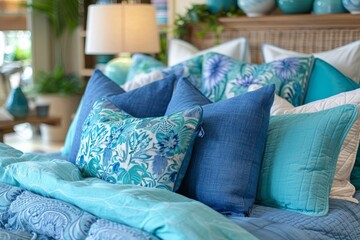 Sticker - Cozy living room with blue and teal cushions, natural light, and stylish decor, creating a comfortable and inviting space