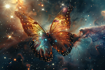 A butterfly is flying in the sky with stars and clouds in the background