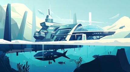 Canvas Print - Advanced marine research station flat design front view, futuristic oceans, animation, analogous color scheme 