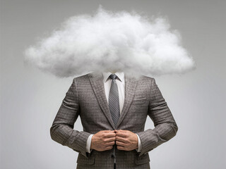A man in a suit with a cloud obscuring his head, symbolizing confusion or clouded thoughts.