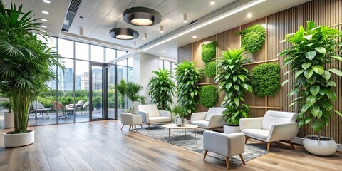 Modern office lobby with lush green plants indoors, focusing on empty white chair