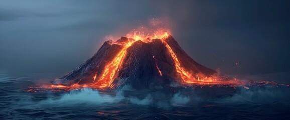 Poster - Abstract Volcanic Island With Glowing, Neon Lava Flows, Background