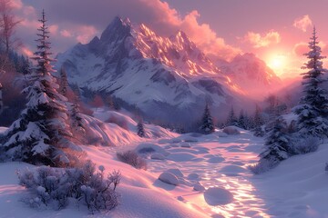 Wall Mural - A 3D rendering of a snowy mountain landscape at sunrise, with snow-covered peaks, a clear sky with the first light of day illuminating the scene, and a few evergreen trees in the foreground