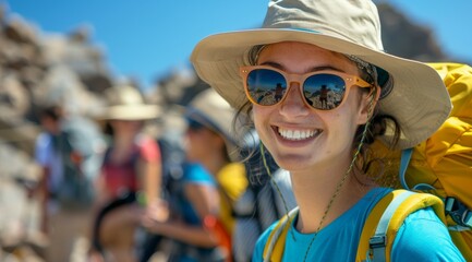 Poster - A woman wearing a yellow hat and sunglasses is smiling, hike concept