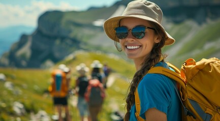 Canvas Print - A woman wearing a blue shirt and a yellow backpack is smiling, hike concept