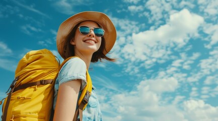 Poster - A woman wearing a yellow backpack and a straw hat is smiling at the camera, hike concept