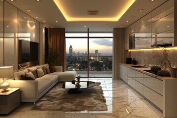 Wall Mural - Modern kitchen with panoramic city view, sleek design, and bright atmosphere