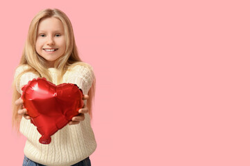 Canvas Print - Cute little girl with heart shaped air balloon on pink background. Valentine's day celebration