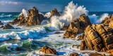 Intense waves breaking on jagged rocks along the seashore