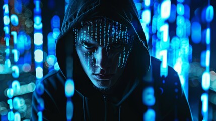 A man with a hoodie on and a face with a mask on that has a lot of numbers on it, hacker and digital code concept
