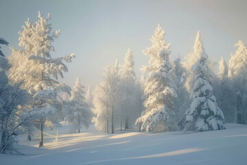 Poster -  Tranquil winter wonderland with snow-covered trees and a pristine white landscape under a soft morning light.