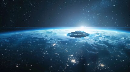 Wall Mural - Future technology science fiction earth space globe planet global horizon. Hovering satellite. Space horizon background or game wallpaper.