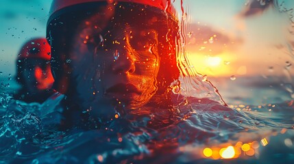 close-up shot of a person in a helmet in the water at sunset, capturing the adventure and emotion of