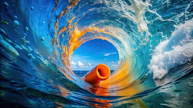 Vibrant orange tube splashing into deep blue water