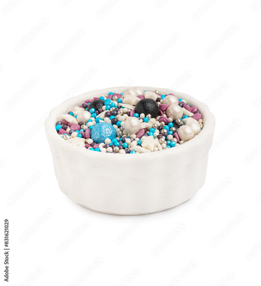 Bowl with colorful sprinkles on white background