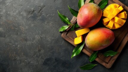 Canvas Print - Fresh mangoes and sliced pieces on wooden board with leaves
