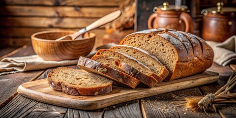 Wall Mural - Freshly cut brown bread slices on a wooden cutting board in a cozy bakery atmosphere