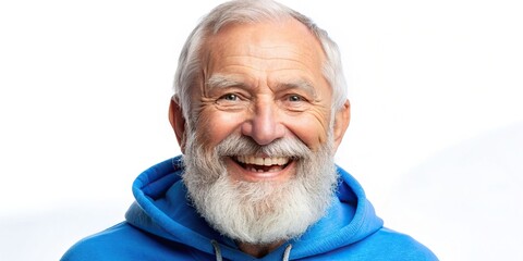 Wall Mural - Happy old bearded man with dental smile in blue sweatshirt isolated on white background