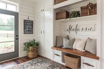 Wall Mural - Farmhouse mudroom with white shiplap walls, built-in storage with wooden baskets, and a vintage metal sign welcoming guests.