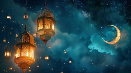 Islamic art design, Ramadan night, lanterns and crescent moon