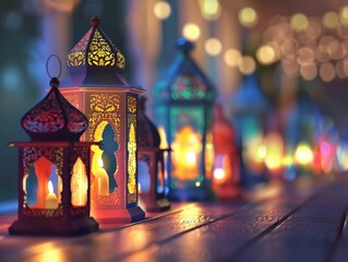 Wall Mural - Modern Islamic Eid celebration, lanterns casting soft glow, festive spirit