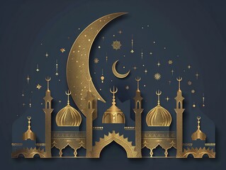 Wall Mural - Modern minimalist Ramadan Kareem greeting, crescent and star design