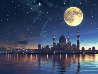 Wall Mural - Ramadan night scene, mosque under the moon, serene and holy