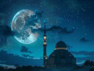 Wall Mural - Ramadan night scene, mosque under the moon, serene and holy