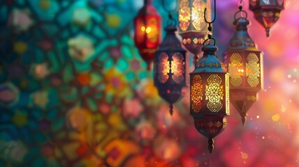 Wall Mural - Vibrant Islamic wallpaper, colorful lanterns, festive Raya atmosphere