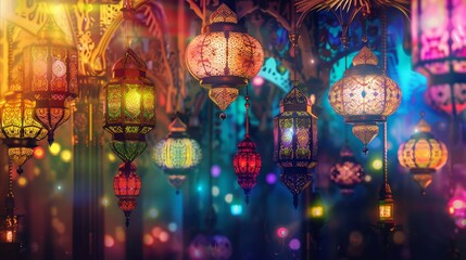 Wall Mural - Vibrant Islamic wallpaper, colorful lanterns, festive Raya atmosphere