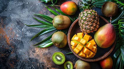 a bowl of tropical fruit with a pineapple and kiwi