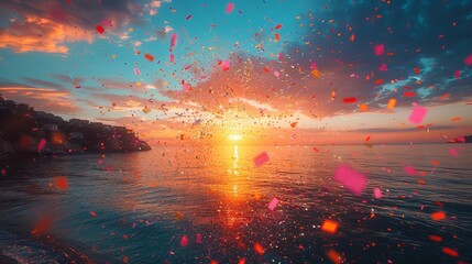 a sunset with confetti falling from the sky