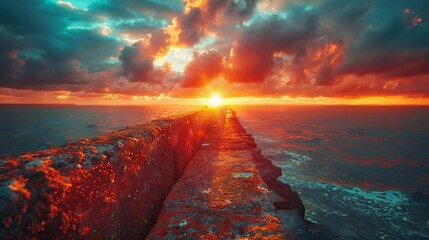 a sunset over the ocean with a stone wall